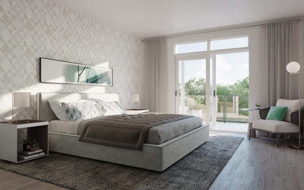 Ivylea bedroom rendering with large windows and a neutral interior palette