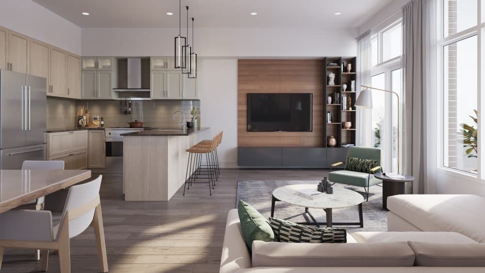 Ivylea open-concept kitchen and living area rendering